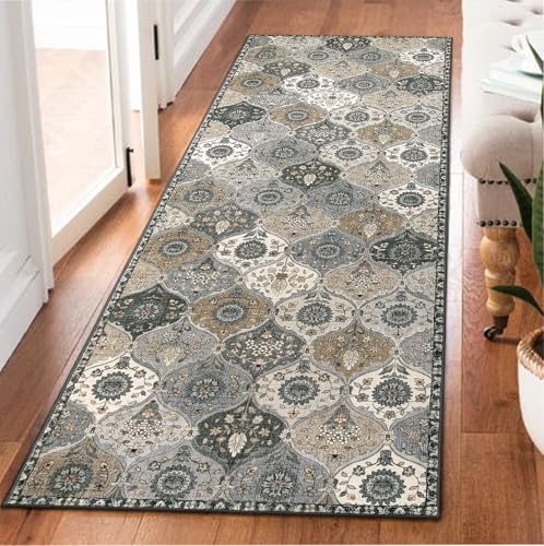 Lahome Moroccan Kitchen Runner, 2x5 Washable Runners for Hallways Non Slip | Soft Hallways Rug Ultra-Thin Vintage Trellis Long Carpet for Bedroom Bathroom Elise, Grey - color: Dusty Grey Beige, size: 2' X 5' (Runner)