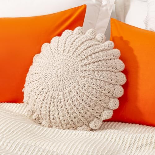 Knitted Throw Pillow Round Couch Pillow (Beige, 18inch) | Include Insert Handmade Decorative Plush Pillow Cute Cushion - color: Beige