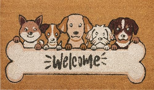 Coir Door Mats 17" X 30", Non-Slip Sturdy, PVC Backed Heavy Duty, Easy to Clean, Ideal for Door Entrance, Patio, Porch, Backyard, Garages, 5 Welcoming Puppies - color: 5 Puppies Welcome