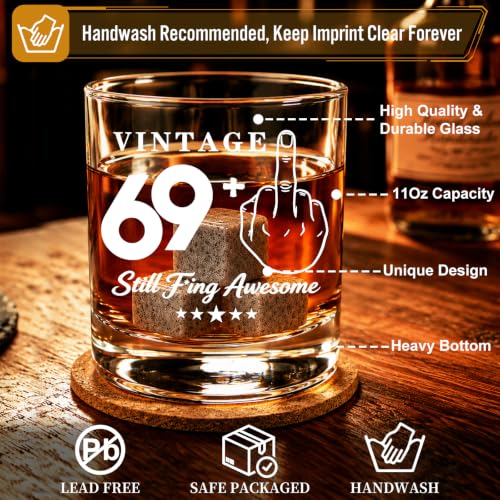 70th Birthday Gifts for Men, Funny Whiskey Glass Set with Vintage Wood Box | Includes Whiskey Stones, Tongs, Pipette &Greeting Card, 70 Year Old Birthday Party Supplies for Dad, Grandpa Who Loves Scotch - style: 70th Mens Gifts
