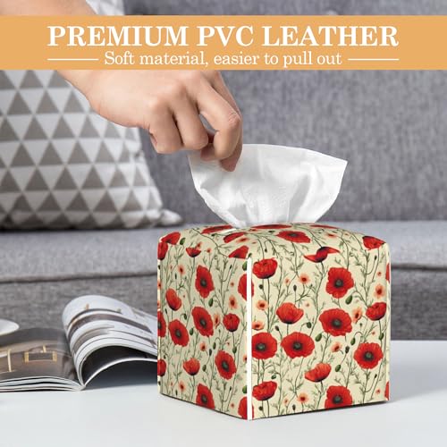 Leather Tissue Box Holder Retro Poppy Flowers Tissue Box Cover Square Waterproof Holder Organizer Modern Napkin Holder for Bedroom Dresser Night Stand Office Desk - color: Retro Poppy Flowers