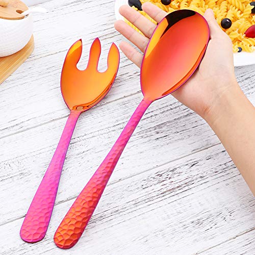 Salad Spoon and Fork Set, 12 Inch Stainless Steel Salad Server, Magic Red Serving Utensils, Pack of 2 - color: Orange Red