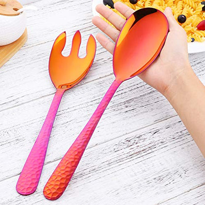 Salad Spoon and Fork Set, 12 Inch Stainless Steel Salad Server, Magic Red Serving Utensils, Pack of 2 - color: Orange Red