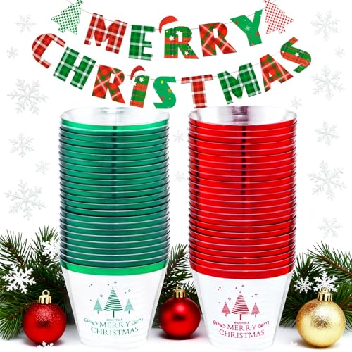 LUODA 60PCS 9 oz Christmas Party Cups, Merry Christmas Plastic Cup,Red and Green Edge Xmas Disposable Clear Cup for Party &Xmas Eve Decoration - color: Green/Red