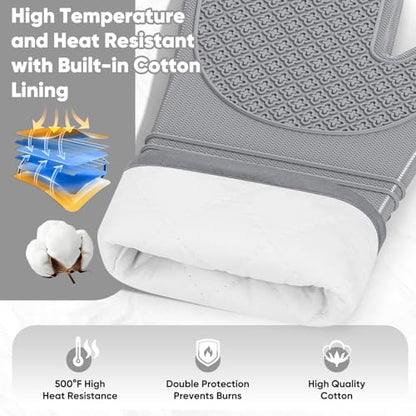 Silicone Oven Mitts, Heat Resistant Oven Gloves with Quilted Liner, Waterproof & Non-Slip Kitchen Mittens for Baking Cooking BBQ, 500°F, 12.5"-Light Gray - color: Light Gray