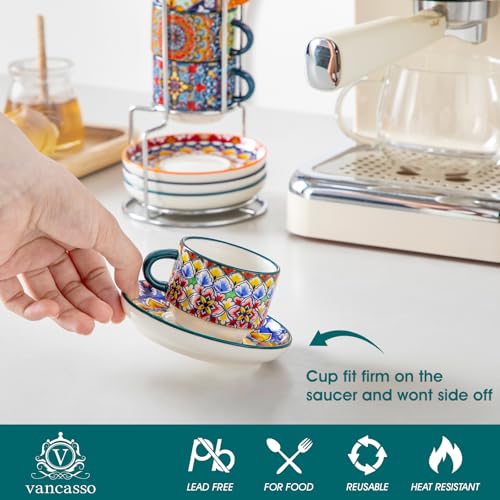 vancasso 2.5 Oz Stackable Espresso Cup Set of 4, Ceramic with Saucers | Microwave and Dishwasher Safe, Easy Clean, For Cappuccino, Tea, Latte, and Espresso, Bohemian Design with Metal Display Stand - size: 2.5 Oz