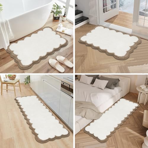 Pauwer Bathroom Rug Sets 3 Piece, Scalloped Bath Rugs, Beige and Khaki | Non Slip Washable Bath Mat With U-Shaped Toilet Rug, Extra Absorbent Quick Dry, For Floor Sink - color: Beige and Khaki