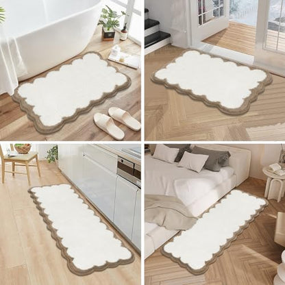 Pauwer Bathroom Rug Sets 3 Piece, Scalloped Bath Rugs, Beige and Khaki | Non Slip Washable Bath Mat With U-Shaped Toilet Rug, Extra Absorbent Quick Dry, For Floor Sink - color: Beige and Khaki