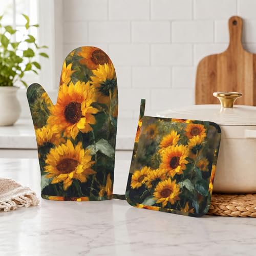 Abstract Oil Painting Sunflower Oven Mitt and Pot Holder with Silicone Heat Resistant Kitchen for Cooking BBQ Baking Grilling Cooking Protection - color: Abstract Oil Painting Sunflower
