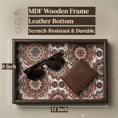 Wooden Valet Tray with Leather Base - Nightstand Catchall Organizer for Cologne, Perfume, Keys, Wallet, Phone, Watch, Jewelry & Sunglasses (Bohemian) - color: Bohemian