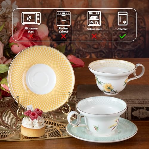 KAMMAK Tea Cups Set of 2,Ceramic Floral Pattern Demitasse Cup | Porcelain Espresso Cup with Saucer, 5.92 oz Handmade Elegant Bone China Tea Cups for Latte, Americano, Cappuccino - color: Ode to Spring (A.Green+B.Yellow)