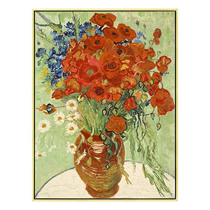 Wieco Art Gold Framed Art Red Poppies and Daisies Large Canvas Prints Wall Art of Van Gogh Famous Artwork Oil Paintings Reproduction Classical Flowers for Living Room Home Decor - size: 32"L x 24"W
