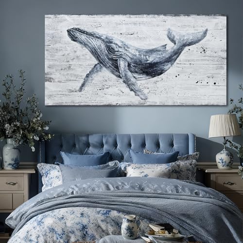 ZUNARE Large Whale Wall Art Monochrome Canvas for Living Room 29x58 Inch - color: Blue, size: 58"L x 29"W