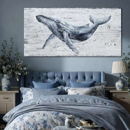 ZUNARE Large Whale Wall Art Monochrome Canvas for Living Room 29x58 Inch - color: Blue, size: 58"L x 29"W
