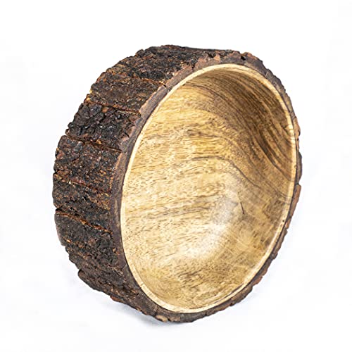 GoCraft Mango Wood Decorative Bowl with Tree Bark – 7.5" x 2.75" – Rustic Handmade Wooden Bowl for Potpourri, Snacks, Nuts, Salad – Natural Centerpiece for Table Décor - size: 7.5"