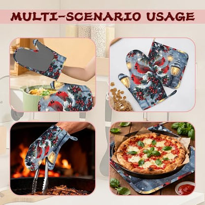 Christmas Berries Heat-Resistant Silicone Oven Mitts and Pot Holder 4 Piece Set,Cardinal Non-Slip Kitchen Oven Gloves for Baking, BBQ, Cooking,Grilling - color: Christmas Berries Cardinal