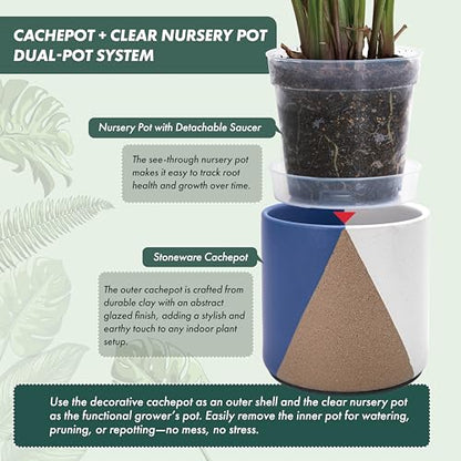 D'vine Dev 2-Pack Cachepot with Clear Pot, 6.5 in, Cobalt Canyon, 93-V-C-3 | Dual-Pot System, Root Visibility, Bottom Watering Support, Enhanced Drainage, Artistic Stoneware Design, Easy Plant Care - color: Cobalt Canyon, size: 6.5” Cachepot + 6“ Clear Gr