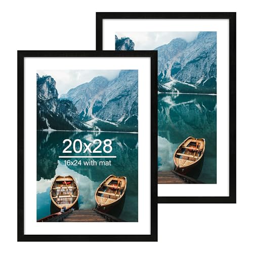 Hongkee 20x28 Picture Frame Set of 2, Rustic Black Wood Style - Display 16x24 Picture with Mat or 20 x 28 Poster without Mat, Wall Mounting Horizontal and Vertical - color: Rustic Black, size: 20x28 in