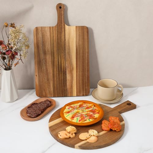 2 Pcs Wooden Cutting Boards with Handle Round and Rectangular Acacia Decorative Cutting Board Set for Kitchen Charcuterie Cheese Meat Bread Pizza Serving