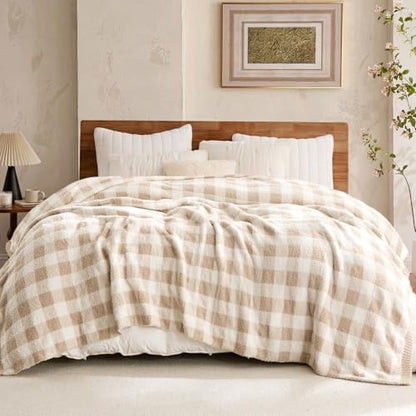 Snuggle Sac Queen Size Checkered Bedding Blanket Beige, Super Soft Warm Cozy Bed Blankets Oversized Fuzzy Plush Blankets for Bed, Bedroom, Plaid Beige, 90x90 inches - color: Plaid Beige, size: Queen(90"x 90")