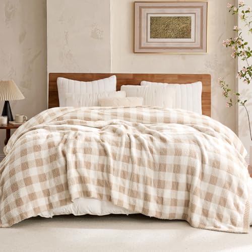 Snuggle Sac Queen Size Checkered Bedding Blanket Beige, Super Soft Warm Cozy Bed Blankets Oversized Fuzzy Plush Blankets for Bed, Bedroom, Plaid Beige, 90x90 inches - color: Plaid Beige, size: Queen(90"x 90")