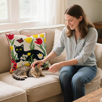 Embroidered Decorative Throw Pillow Covers 18"x 18" Set of 2 ，Couch Square Pillowcases with Zipper for Living Room Couch Sofa Bed Flower Cats Linen Cotton Halloween Throw Pillow Covers