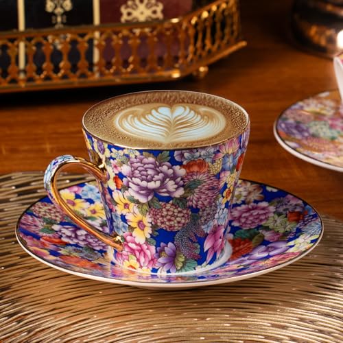 KAMMAK Tea Cup and Saucer, Ceramic Coffee Cups, 7.5 oz, Set of 2 | Porcelain Tea Cups with Saucers for Coffee and Cappuccino, Ideal for Breakfast, Afternoon Tea and Entertaining,637+638N - style: 637N+638N
