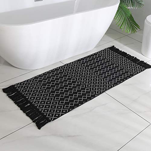 Moroccan Accent Hand Woven Bathroom Rug,Area Rug for Bedroom,Cotton Woven Boho Throw Rug ,Tribal Decorative Throw Rugs for Laundry Hallway Kitchen Sink(2inchx4.2inch,Black&white Rhombus)