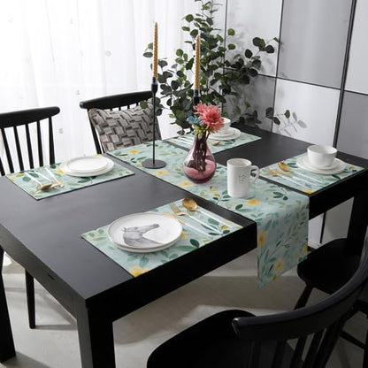Table Runner and Placemats Set of 4 Flowers Leaves Decorative Dining Table Runner with Matching Placemats Spring Pastoral Table Decor for Kitchen Dining Room and Everyday Use 13x90in - size: 13"x90"+4pcs