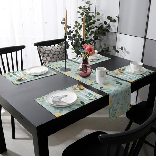 Table Runner and Placemats Set of 4 Flowers Leaves Decorative Dining Table Runner with Matching Placemats Spring Pastoral Table Decor for Kitchen Dining Room and Everyday Use 13x70in - size: 13"x70"+4pcs