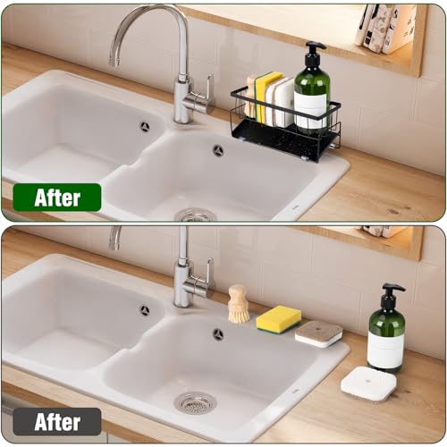 Kitchen Sink Caddy Countertop, 9.06" Rust-Proof Metal Sponge Holder for Kitchen Sink Counter,Drainage Caddy for Countertop with Angled Tray (Black)