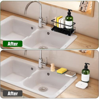 Kitchen Sink Caddy Countertop, 9.06" Rust-Proof Metal Sponge Holder for Kitchen Sink Counter,Drainage Caddy for Countertop with Angled Tray (Black)