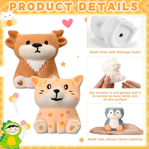 Hushee 12 Sets Ceramic Succulent Planters Paintable Succulent Plant Pots Small DIY Figurines Unpainted Pots with Drainage Hole Color Paints Paintbrushes Palettes - color: Animal