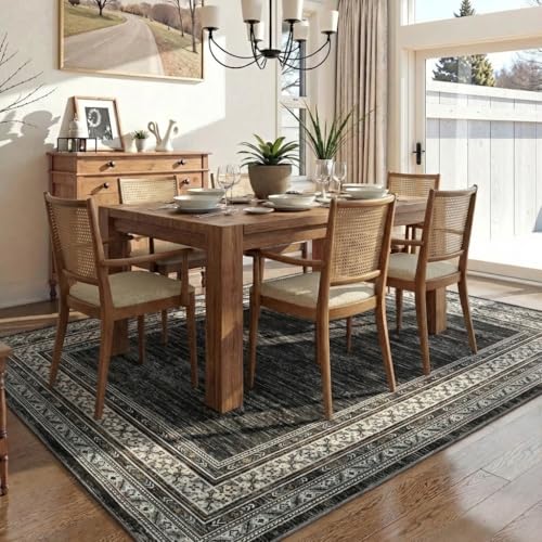 Neutral Rugs for Living Room 9x12 Washable Non Slip Modern Solid Area Rug, Stain Resistant Bordered Soft Carpet, Neutral Foldable Floor Rugs for Bedroom, Dining Room, Nursery, Black | Non Slip Low Pile Stain Resistant Bordered Foldable Soft Textured Solid