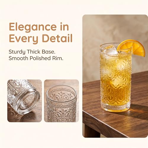 Bekith 6 Pack Romantic Drinking Glasses, 12 oz Highball Glasses, Thick Water Glasses, Tall Glass Cups for Beverages, Beer, Cocktail, Vintage Glassware Set for Dinner Parties, Bars, Restaurants