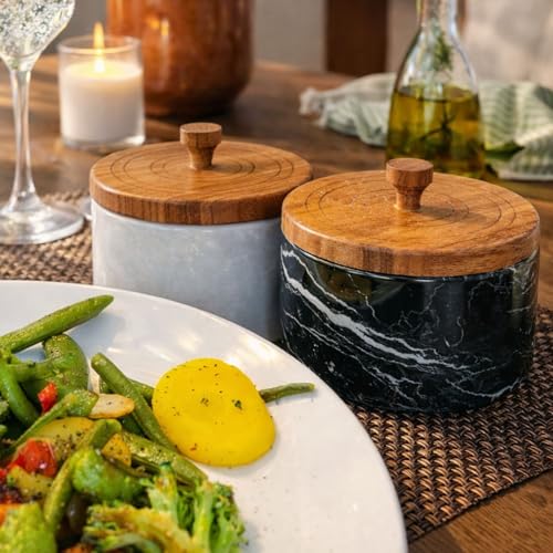 Marble salt and pepper containers with spoon, salt cellars with lid and spoons, salt and pepper holders, salt and pepper cellars, marble salt and pepper bowls with wooden lid - White/Black