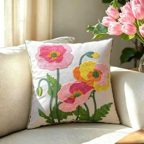 Pink Embroidered Throw Pillow Covers Floral Patten 18x18 Inch | Colorful Pillowcase Boho Decorative For Sofa Couch Living Room Bedroom - color: Floral-pink