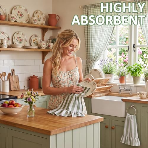 Sage Green Striped Kitchen Towels Set of 2, 100% Cotton Ruffled Striped Dish Towels 18"x31" Absorbent Tea Cloths Classic Pattern for Farmhouse Charm, Drying Dishes, Entertaining Guests - color: Green