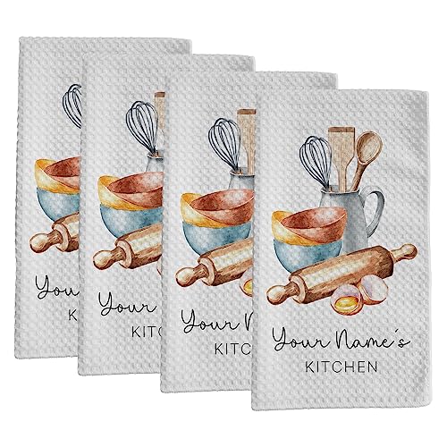 Personalized Kitchen Towel | Custom Tea Towel | Watercolor Utensil Dish Towel | Kitchen Decor | Hand Towel Gift Set | Waffle Weave Dishcloth (Pack of 4 Towels, Design 2) - size: Pack of 4 Towels, style: Design 2