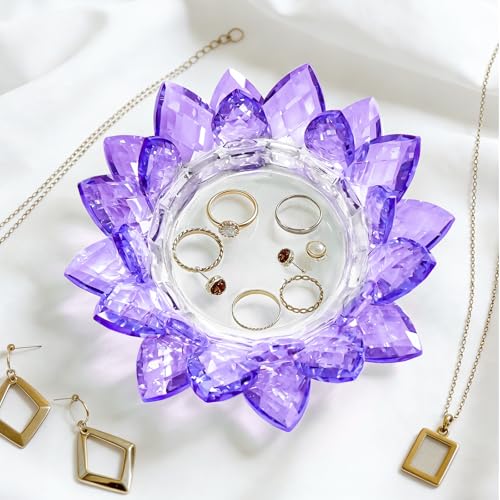 Crystal Flower Jewelry Tray, 1, 6.3" Purple | Transparent, For Rings, Earrings, Necklaces, Keys, Decorative Trinket Dish, For Vanity Dresser Nightstand - size: 6.3"(W)- Purple