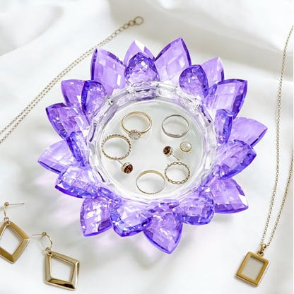 Crystal Flower Jewelry Tray, 1, 6.3" Purple | Transparent, For Rings, Earrings, Necklaces, Keys, Decorative Trinket Dish, For Vanity Dresser Nightstand - size: 6.3"(W)- Purple