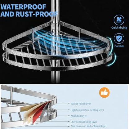 Corner Shower Caddy Tension Pole, 4-Tier SS Bathroom Storage Rack | shower pole caddy corner, 4-Tier Stainless Steel Bathroom Storage Rack, No-Drill Adjustable Shower Shelves for RV doom studio