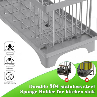 VOOWO Sponge Holder for Kitchen Sink, Compact Sink Caddy with Brush Holder | 304 Rustproof Stainless Steel Dish Soap Holder, Small Kitchen Sink Organizer, Self-Draining Dish Wand Holder with Towel Rack - color: Gray