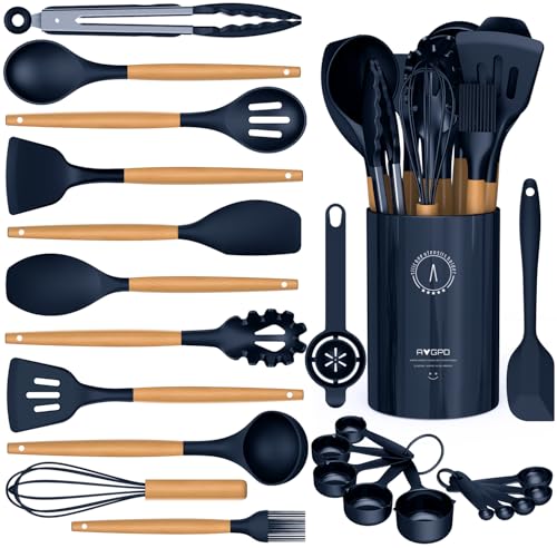 Silicone Cooking Utensils Set - AVGPD Silicone Kitchen Utensils for Cooking Wooden Handles, 446°F Heat Resistant Kitchen Utensil Spatula Sets, Gadgets for Non-Stick Cookware BPA FREE (Navy Blue) - color: Blue