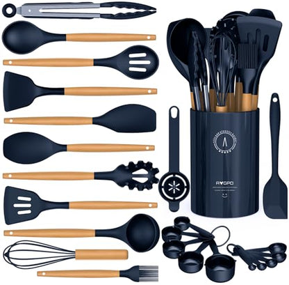 Silicone Cooking Utensils Set - AVGPD Silicone Kitchen Utensils for Cooking Wooden Handles, 446°F Heat Resistant Kitchen Utensil Spatula Sets, Gadgets for Non-Stick Cookware BPA FREE (Navy Blue) - color: Blue