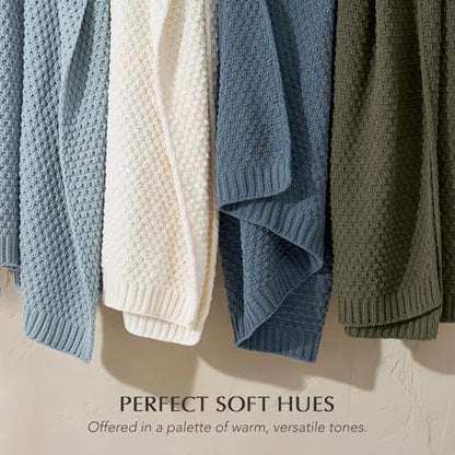 EVERGRACEHOME Chunky Chenille Knit Throw Blanket, 50 x 60, Chambray Blue | Sculpted Moss Stitch, Chic Modern Farmhouse, All-Season Warmth, OEKO-TEX® Certified, Elegant Blanket for Couch, Bed, Sofa - color: Chambray Blue, size: 50" X 60"