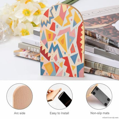 Personalized Wood Book Ends Metal Base Geometric Pattern Design Printing Bookend Modern Heavy Duty Bookends for Home Or Office 1 Pair - color: Geometric Pattern Design