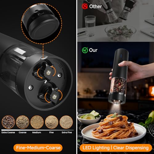 Electric Salt and Pepper Grinder Set Shakers 2 IN 1-Rechargeable Automatic Pepper Mill,with LED Lighting,Adjustable Grinder,Large Capacity-Ideal for Kitchen,BBQ,Ideal Kitchen Gifts (Black) - color: Black