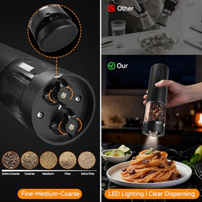 Electric Salt and Pepper Grinder Set Shakers 2 IN 1-Rechargeable Automatic Pepper Mill,with LED Lighting,Adjustable Grinder,Large Capacity-Ideal for Kitchen,BBQ,Ideal Kitchen Gifts (Black) - color: Black