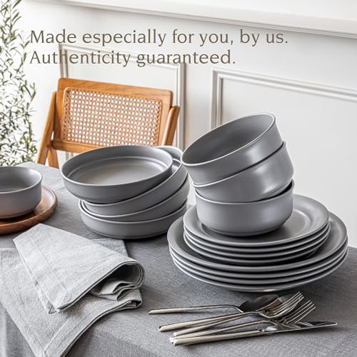 over&back Rim Dinnerware Set - Stoneware Dishes - Comes with 4 Dinner Plates, Salad Plates, Cereal Bowls, and Dinner Bowls - 16-Piece All-Occasion Place Settings - Serves Four - Semi-Matte Charcoal - color: Charcoal, size: Dinner Set | 16 Pieces